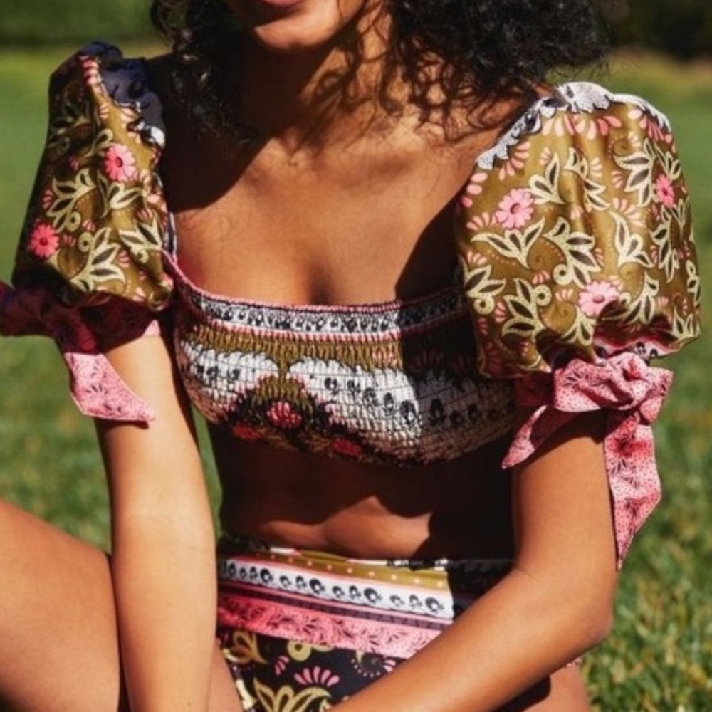 Agua Bendita Eileen Floral Paisley Smocked Puff Sleeve Bikini Top Large